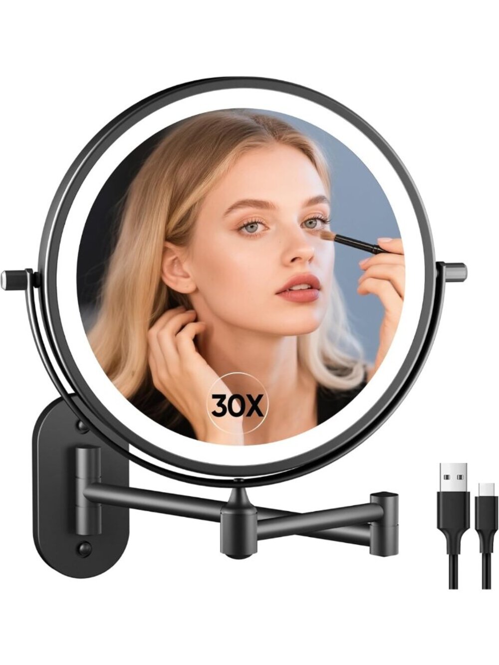 5000mAh Rechargeable Wall-Mounted Lighted Makeup Mirror with 1X/30X